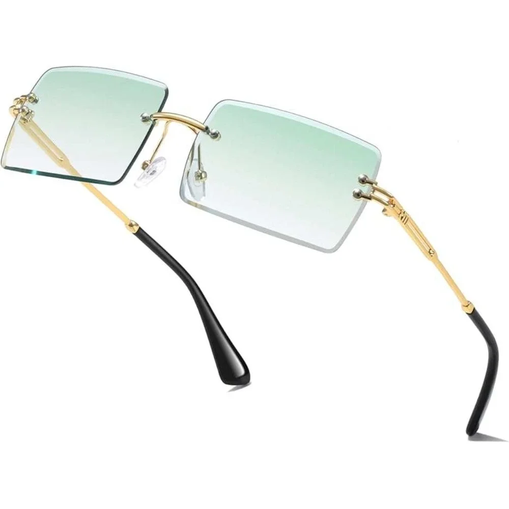 Rimless Rectangle Sunglasses Trendy Fashion Eyewear Lightweight Blue Lens Hiphop